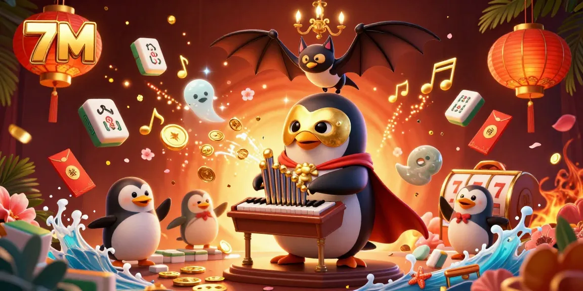 Watch the 7M penguin conducting a thrilling casino scene filled with vibrant game elements.