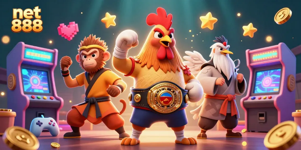 Engage with net 888's immersive 3D casino adventure featuring energetic characters amidst vibrant game elements.