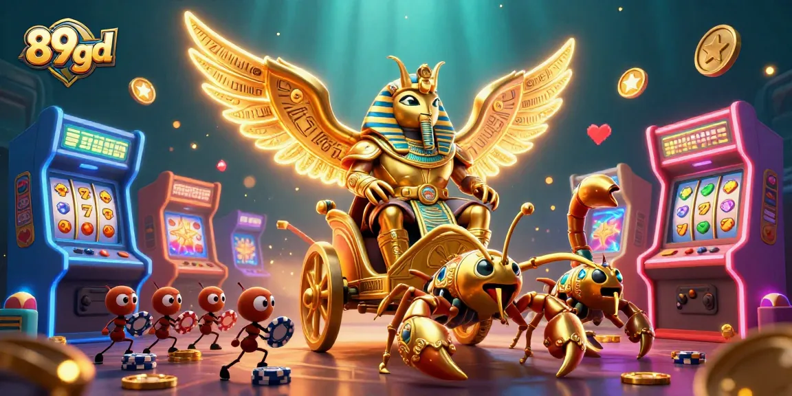 89bd showcases an energetic casino scene with a golden scarab and slot elements.