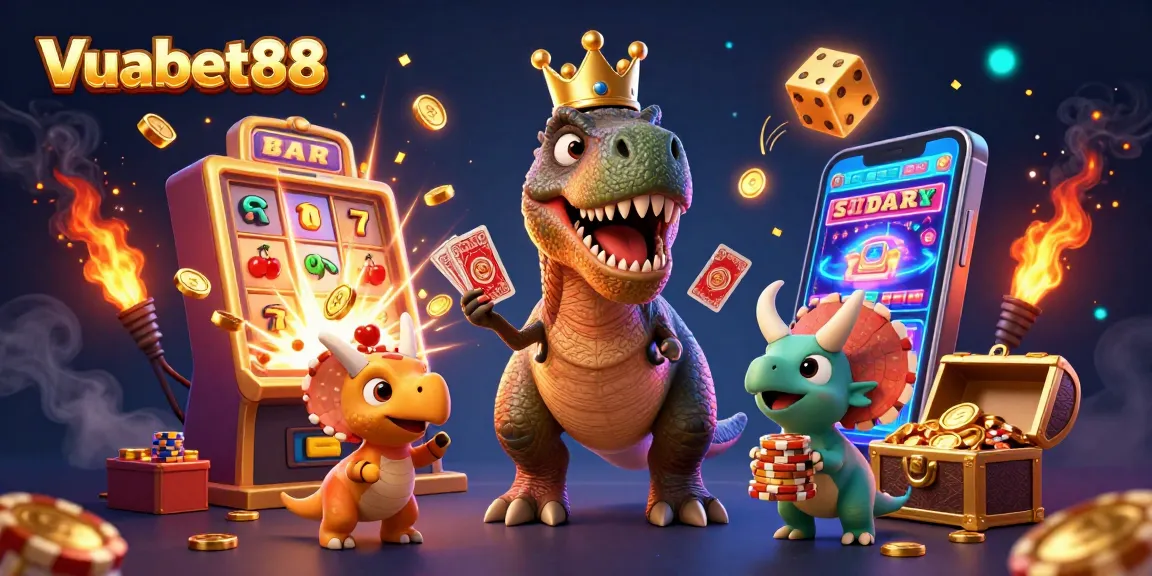 Engage in thrilling gaming adventures at Vuabet88 with a vibrant T-Rex and friends amidst winning casino treasures.