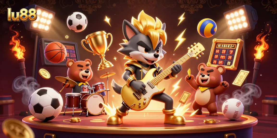 lu88 showcases an electrifying casino stage with vibrant cartoon characters engaging in gaming action.