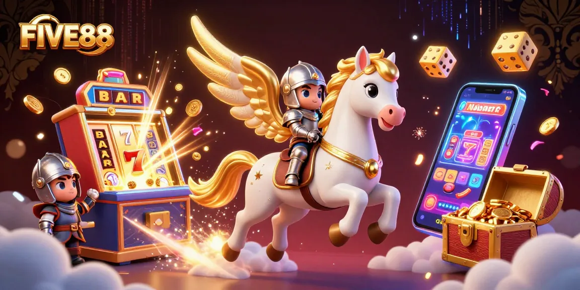 Experience dynamism and excitement at FIVE88 with a celestial themed scene showcasing slots and gaming.