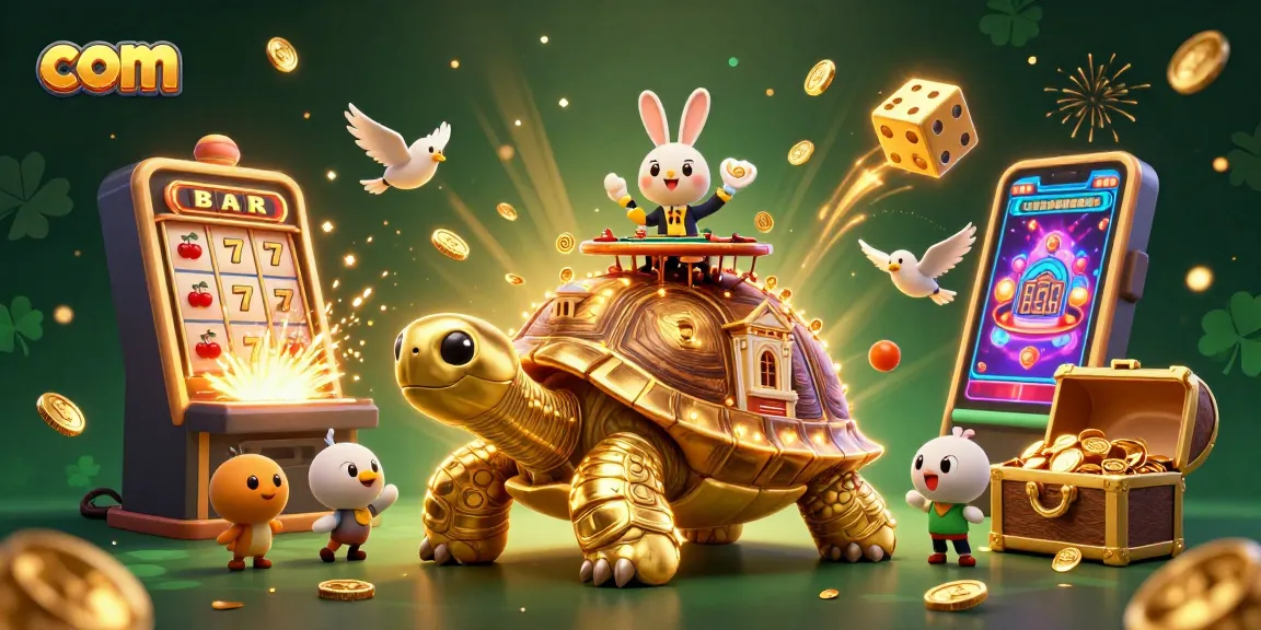 Join the excitement at com with a vibrant 3D casino scene featuring a tortoise and a rabbit dealer.
