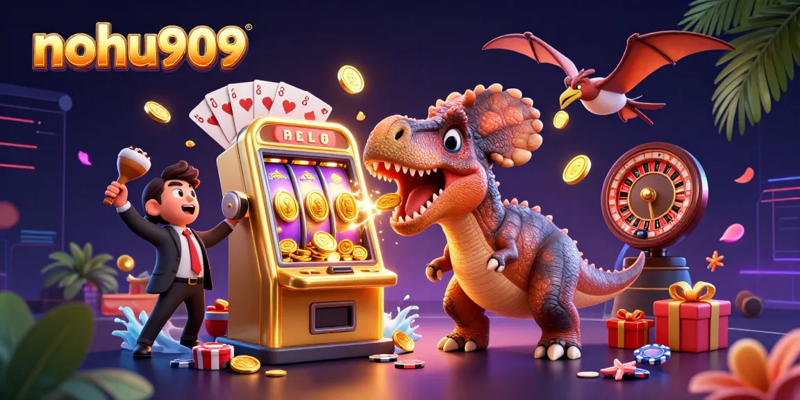 Nohu909 features a playful scene with a dinosaur and a slot machine, celebrating jackpot wins.