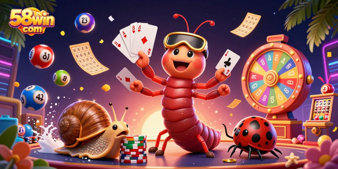 Engage in thrilling fun at 58win com with a vibrant 3D casino illustration showcasing colorful gaming elements.