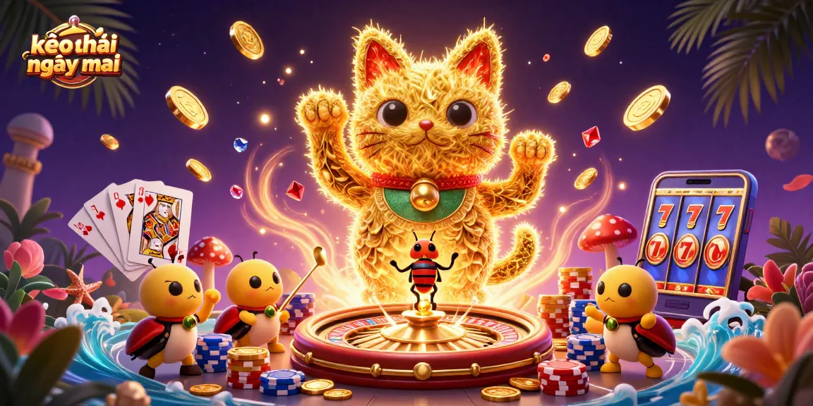 Bet on kèo nhà cái ngày mai with vibrant casino visuals, featuring a lucky cat and gold coins.