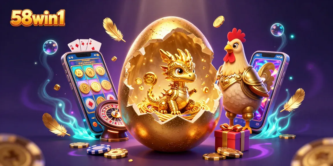 Feel the excitement with 58win1 while a golden dragon guards a poker chip nest in this vibrant casino scene.