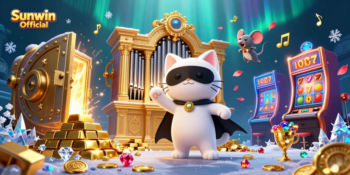 Experience the excitement of Sunwin Official with vibrant slot symbols and dynamic characters amid a treasure-filled casino.