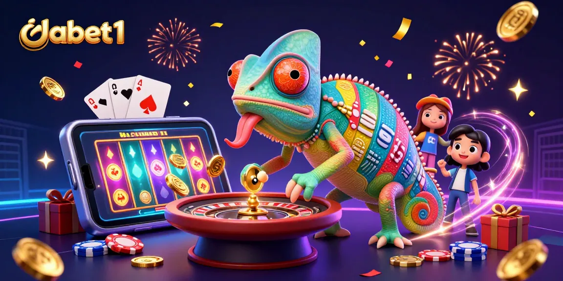 dabet1 casino chameleon owner surrounded by dynamic gaming elements and vivid celebration effects