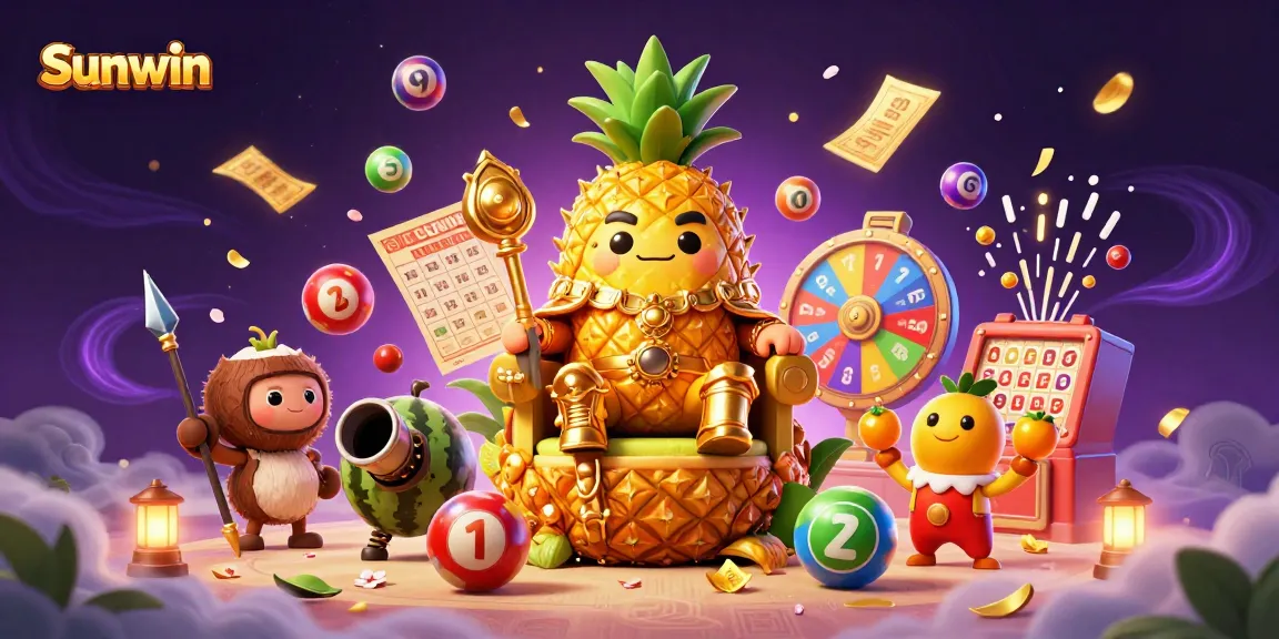 Win big with Sunwin in a vibrant 3D casino scene featuring a golden pineapple king and dynamic game elements.
