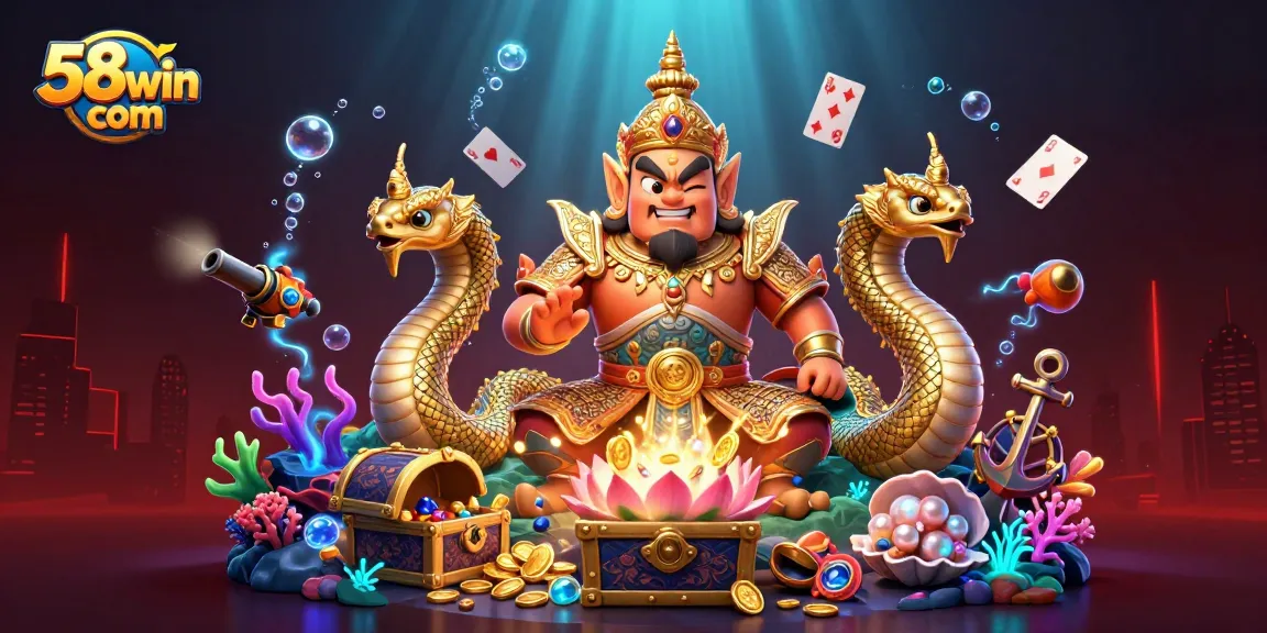 Engage with 58win com and unlock treasure in a vibrant 3D casino scene filled with gold coins and gems.