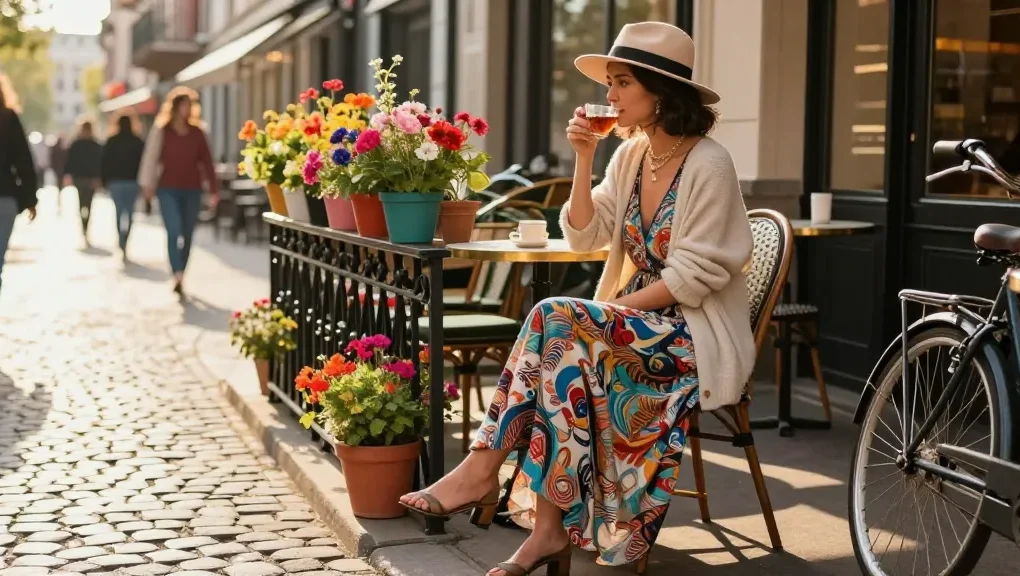 Modest dresses in urban café setting with stylish woman enjoying tea, exuding elegance and individuality.