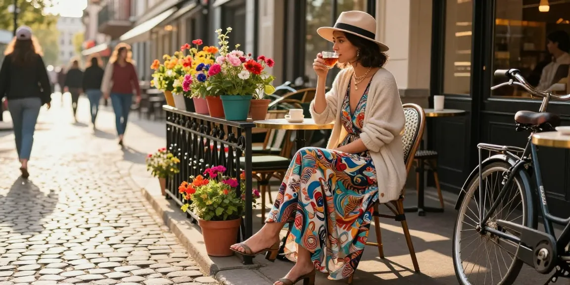 Modest dresses in urban café setting with stylish woman enjoying tea, exuding elegance and individuality.