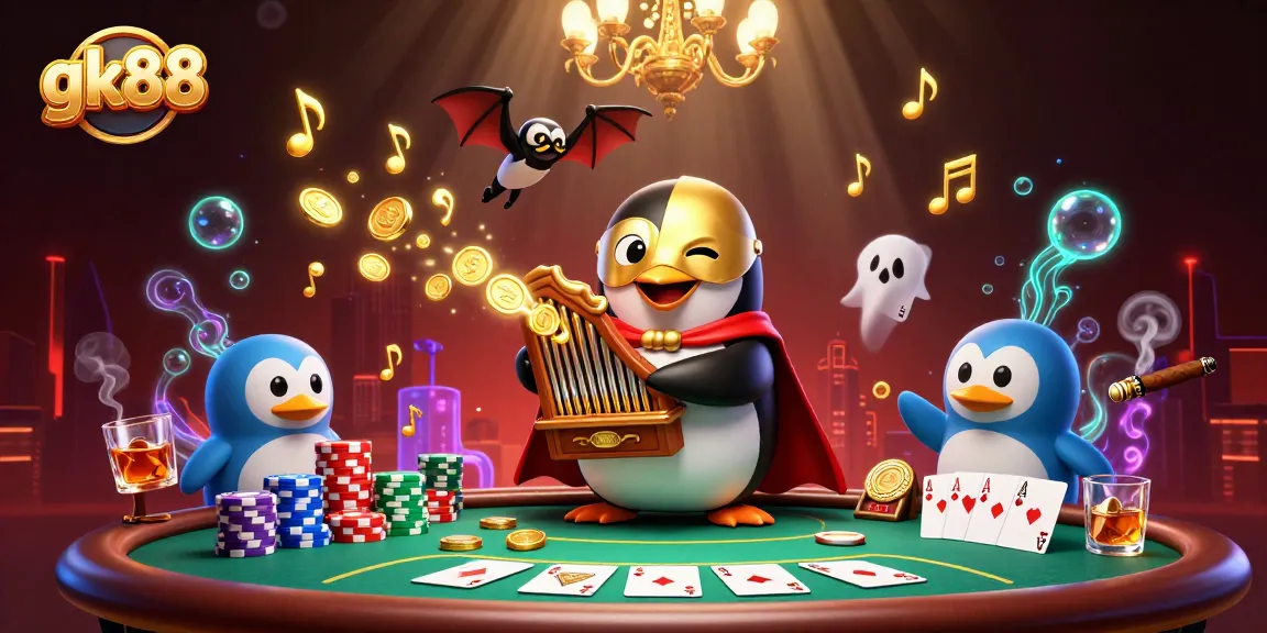 Engage with gk88's exciting poker scene, featuring a phantom penguin and vibrant casino elements.