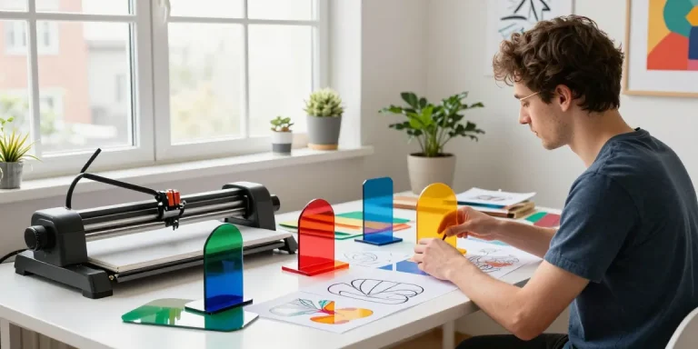 Custom acrylic stand design process in a bright creative studio.