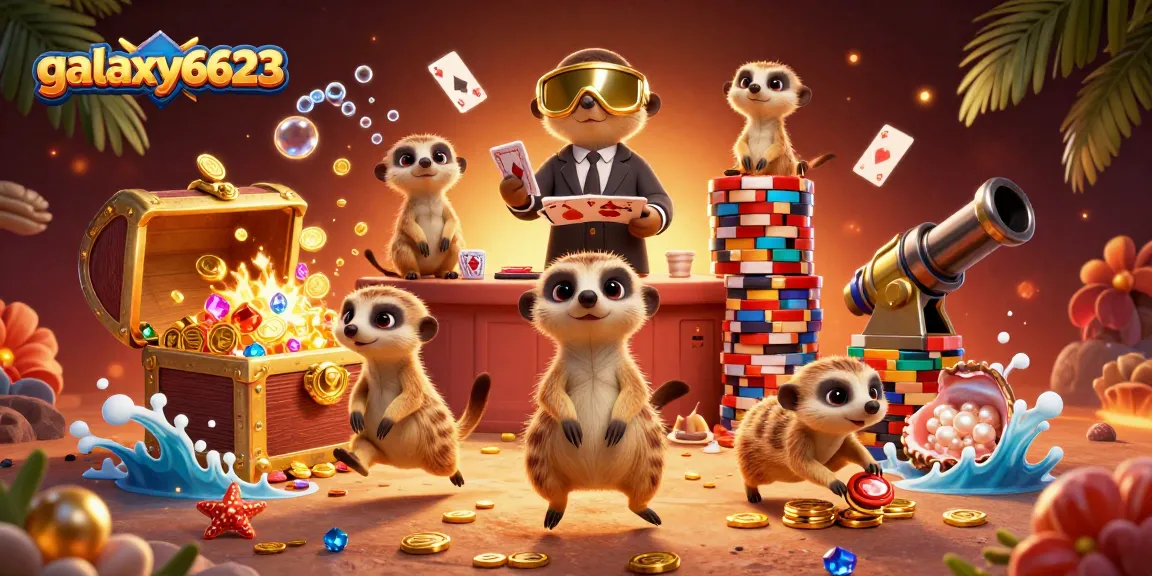 Cute meerkats operate a vibrant galaxy6623 casino bursting with treasures and game elements