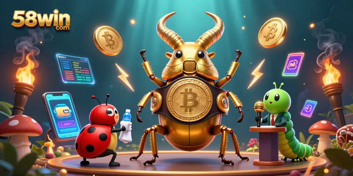 Bet on exciting games at 58win com with vibrant characters showcasing glowing cryptocurrency elements.