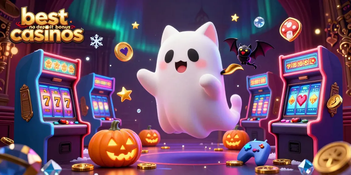 Engage with the best no deposit bonus casinos featuring a ghost cat and vampire bat in a haunted casino.