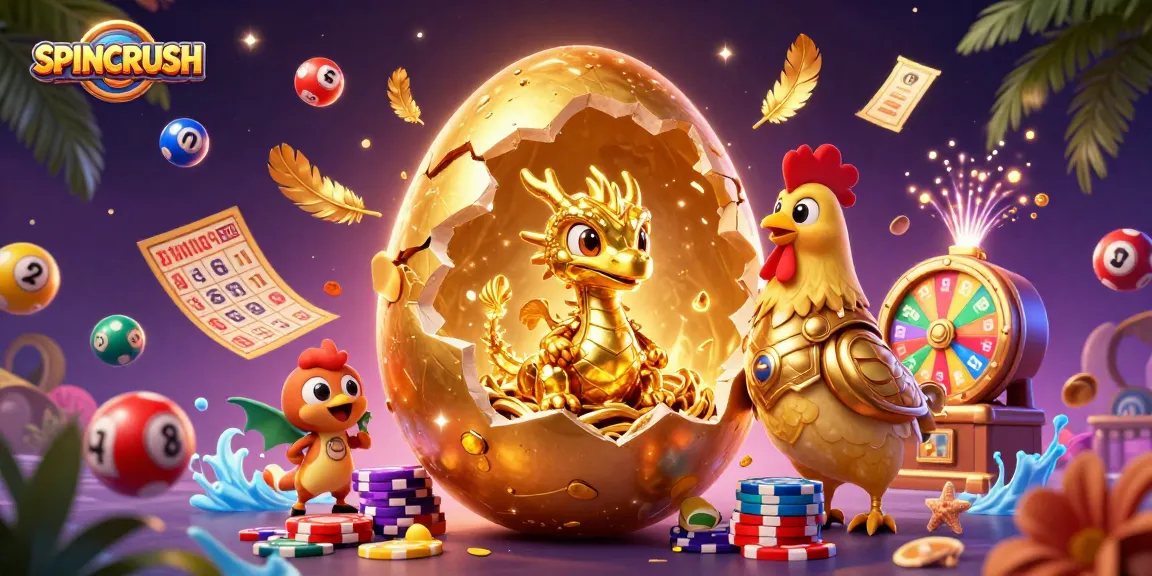 SpinCRUSH's vibrant energy captures the excitement of gaming with gold dragons and lottery elements.