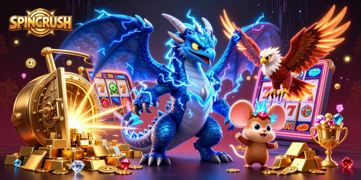 Engage in SPINCRUSH with vibrant slot reels, gold treasures, and animated mythical characters.