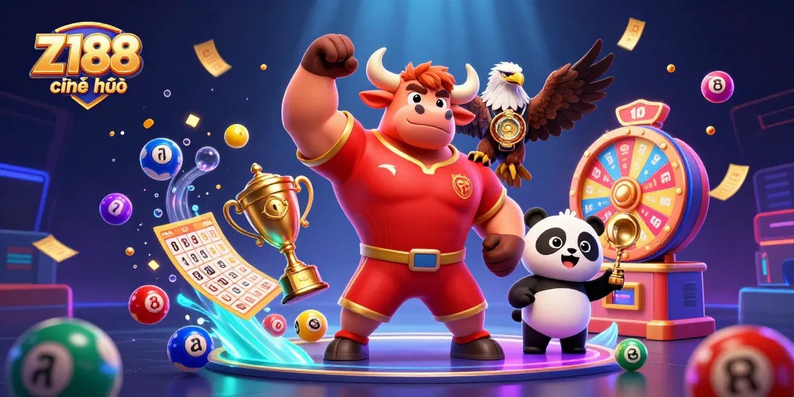 Z188 chính thức showcases a vibrant 3D scene with a bull mascot, eagle, and panda, highlighting exciting lottery elements