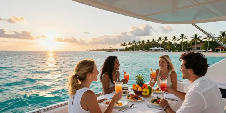 Boat rental Punta Cana – groups enjoying luxury yacht party at sunset.