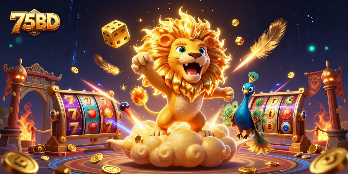 Experience thrilling slot action with 75BD in an ultra-detailed 3D casino scene filled with vibrant game elements.
