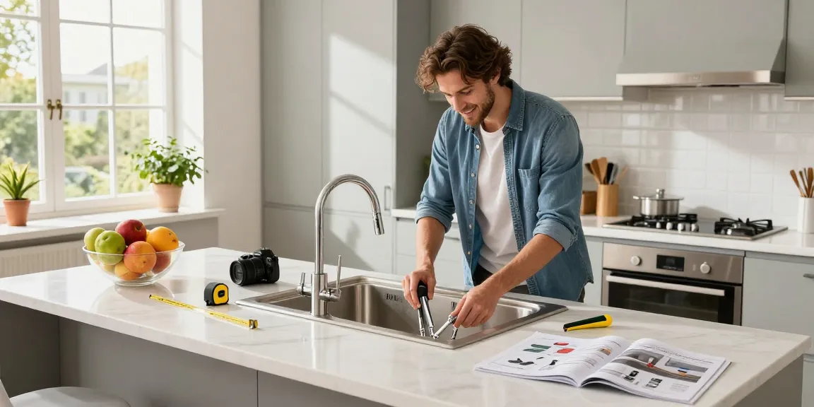 Homeowner installing a kitchen sink in stainless steel with natural lighting and modern kitchen decor.