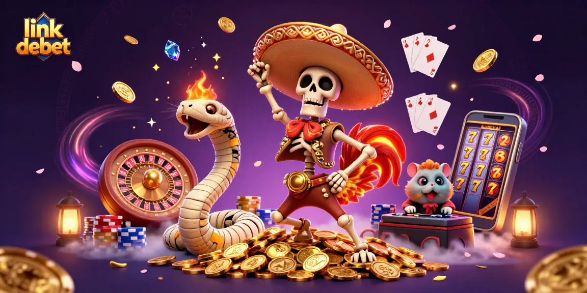 Witness the vibrant action in link debet's 3D casino scene with a dancing rooster and shimmering coins.