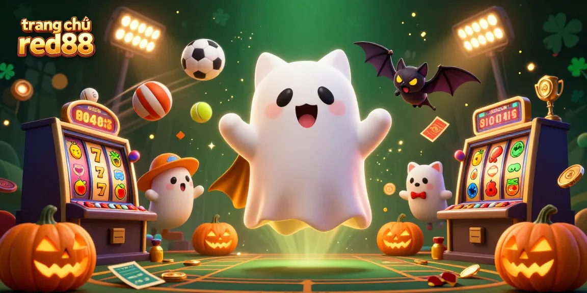 Experience the thrill of gaming at trang chủ red88 with a vibrant haunted casino scene featuring a ghost cat and bat.