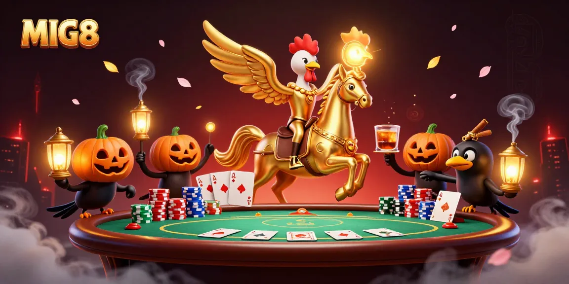 MIG8 illuminates the gaming scene as players throng the midnight casino with golden rooster avatars and towering poker chips.