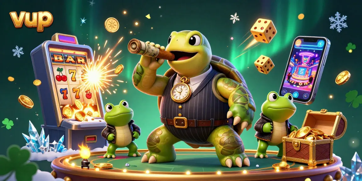 Engage in thrilling slots action with vup's cartoon turtle mobster in a vibrant casino scene.