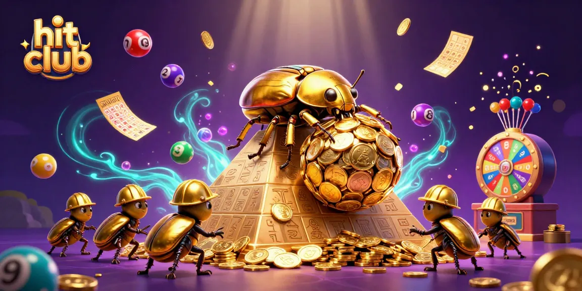 Engage with hit club's dynamic games as a golden beetle rolls in a vibrant 3D casino scene filled with prizes.