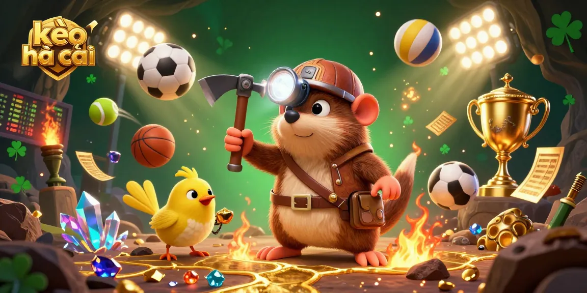 Bet on kèo nhà cái with a vivid scene of a treasure hunter mole and dynamic sports elements.