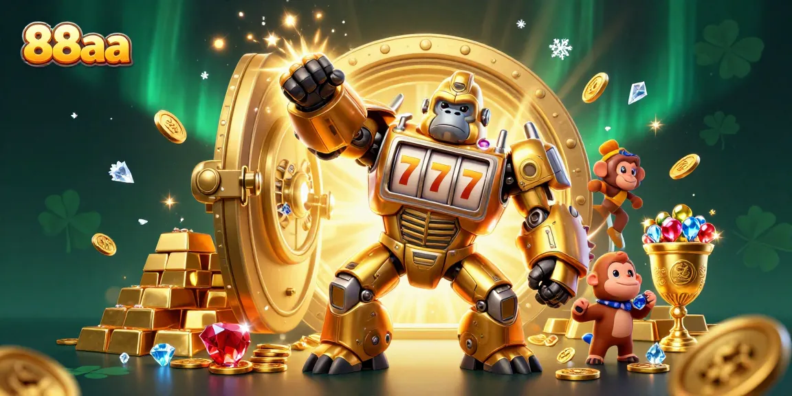Experience thrilling wins with 88aa in this vibrant casino-themed 3D illustration featuring a golden gorilla mech.