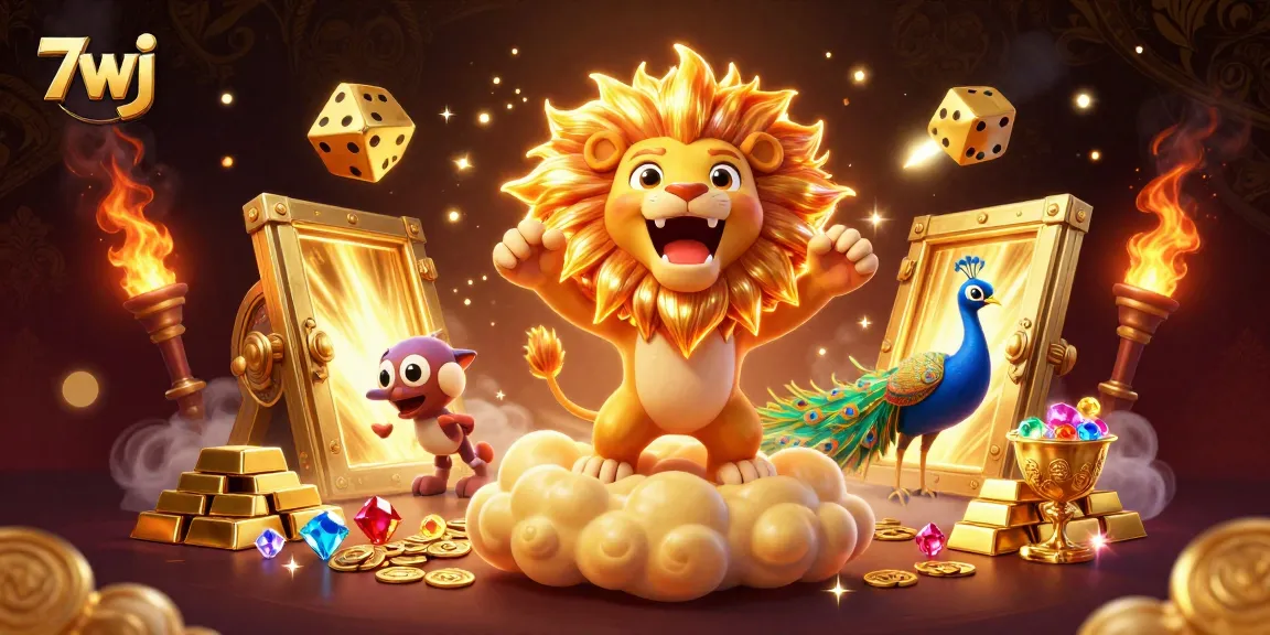 Experience casino excitement with 7wj's vibrant golden lion and cosmic dice illustration.