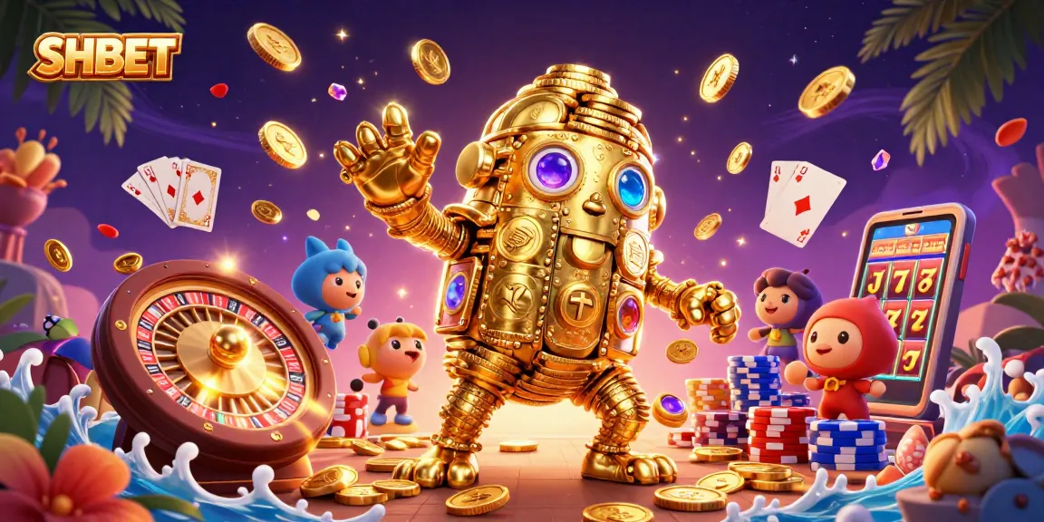 Engage with SHBET's thrilling casino experience featuring a golden golem and vibrant game elements.
