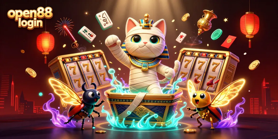 Experience open88 login with an Egyptian mummy cat in a vibrant casino scene, surrounded by slot reels and golden treasures.