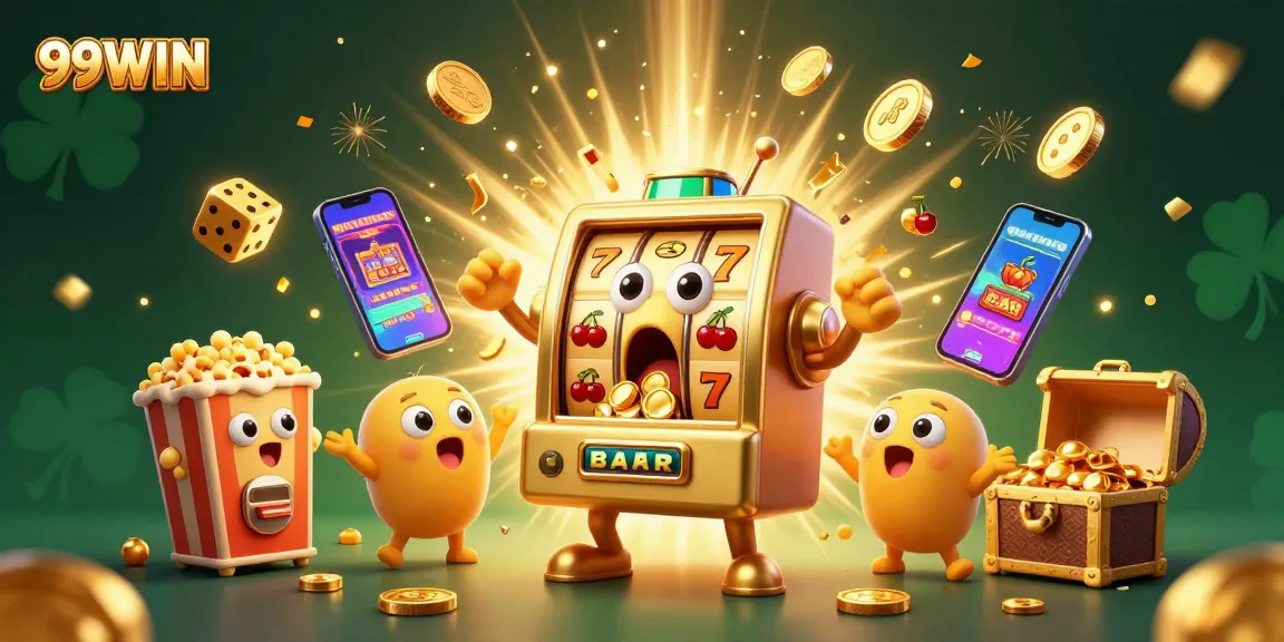 Experience the excitement of 99WIN with a jubilant golden slot machine hitting a jackpot amidst a vibrant casino scene.