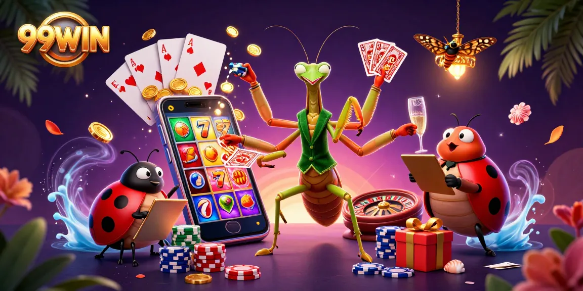 99WIN showcases vibrant slot and casino games with a giant praying mantis card sharp and ladybug pit boss