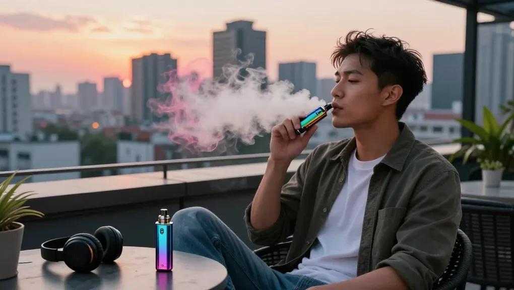 Enjoying top disposable vapes in USA during vibrant urban sunset.