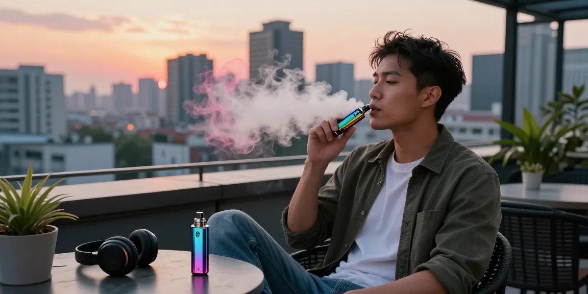 Enjoying top disposable vapes in USA during vibrant urban sunset.