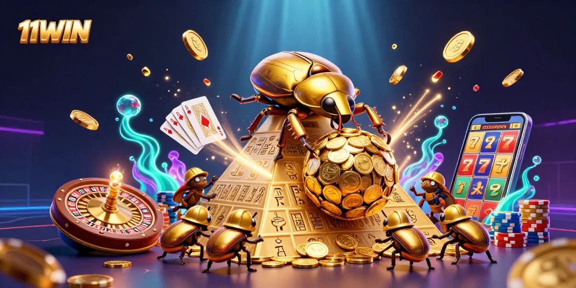 Engage with the vibrant 11WIN casino scene featuring golden beetles, sparkling coins, and a roulette wheel.