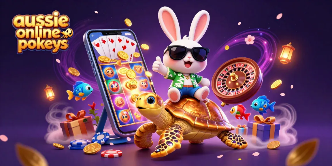 Aussie online pokies spin with a lucky rabbit and turtle in a vibrant casino scene filled with game elements.