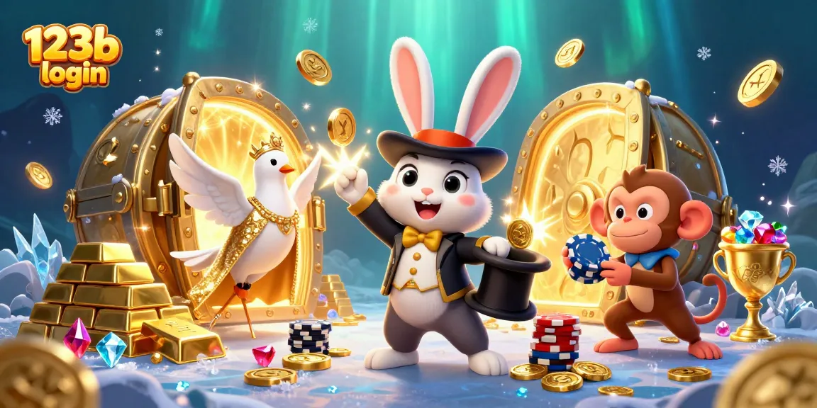 Experience the magic of 123b login with a rabbit, dove, and monkey in a vibrant casino scene.