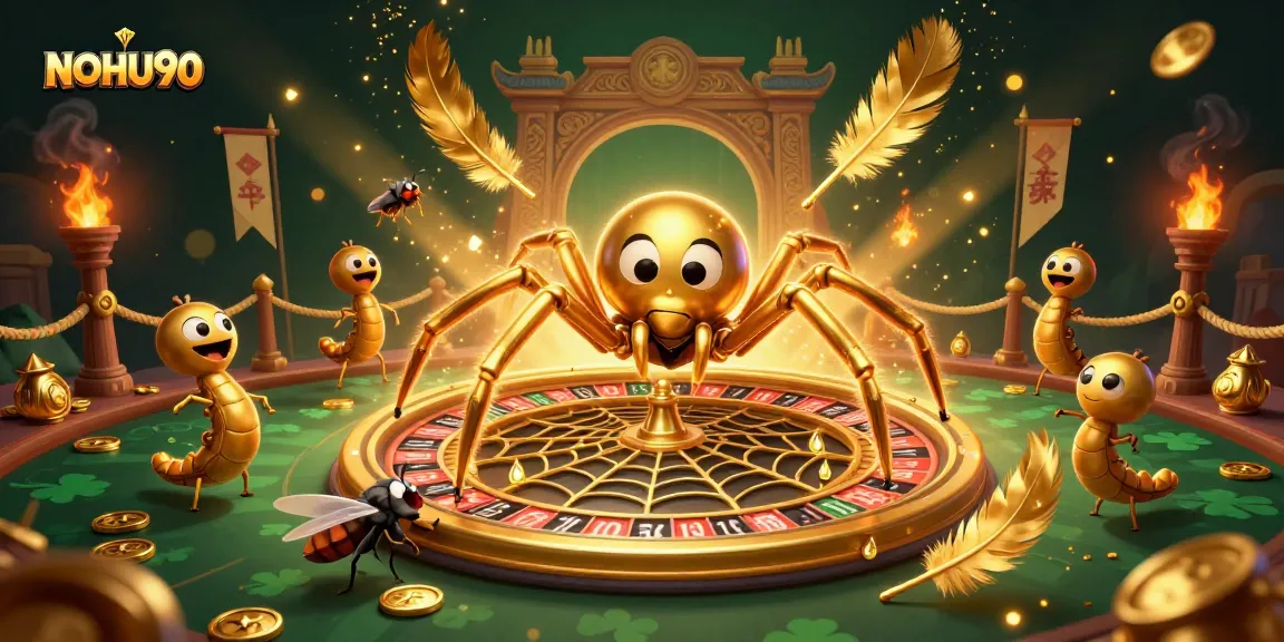 Engage in thrilling gameplay with NOHU90 as a golden spider spins a roulette web surrounded by vibrant casino elements.