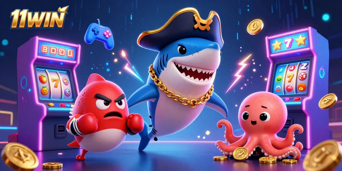 Join the excitement with 11WIN as the pirate shark and friends enjoy colorful casino games.
