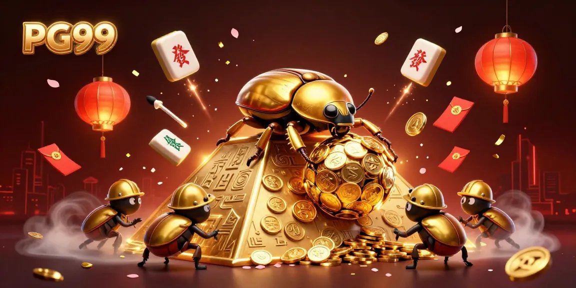 Experience the thrill of PG99 with a massive golden dung beetle in a rich casino-themed scene.