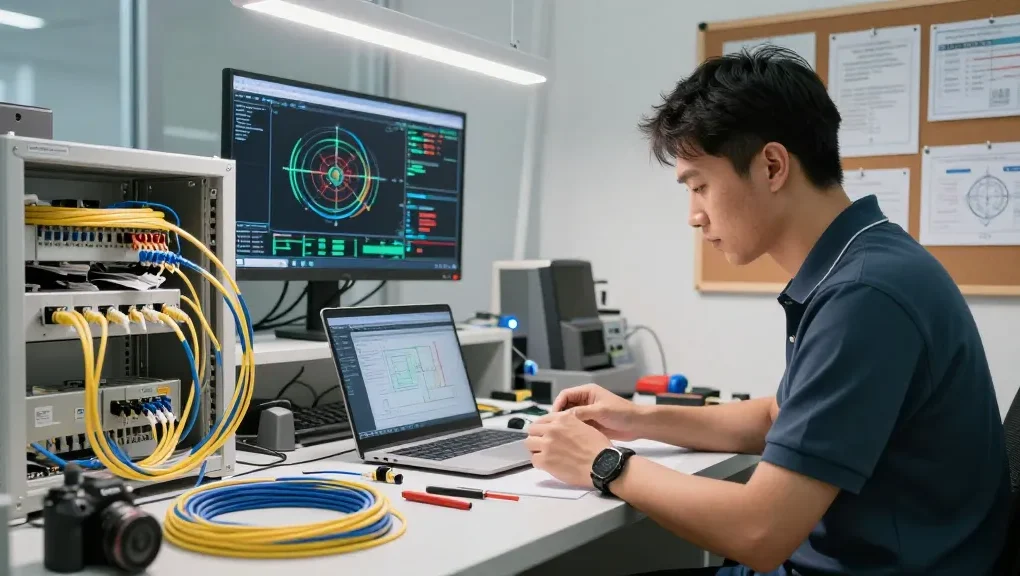 Technician assessing fiber optic connectors in a professional telecommunications workspace, surrounded by advanced tools and technology.