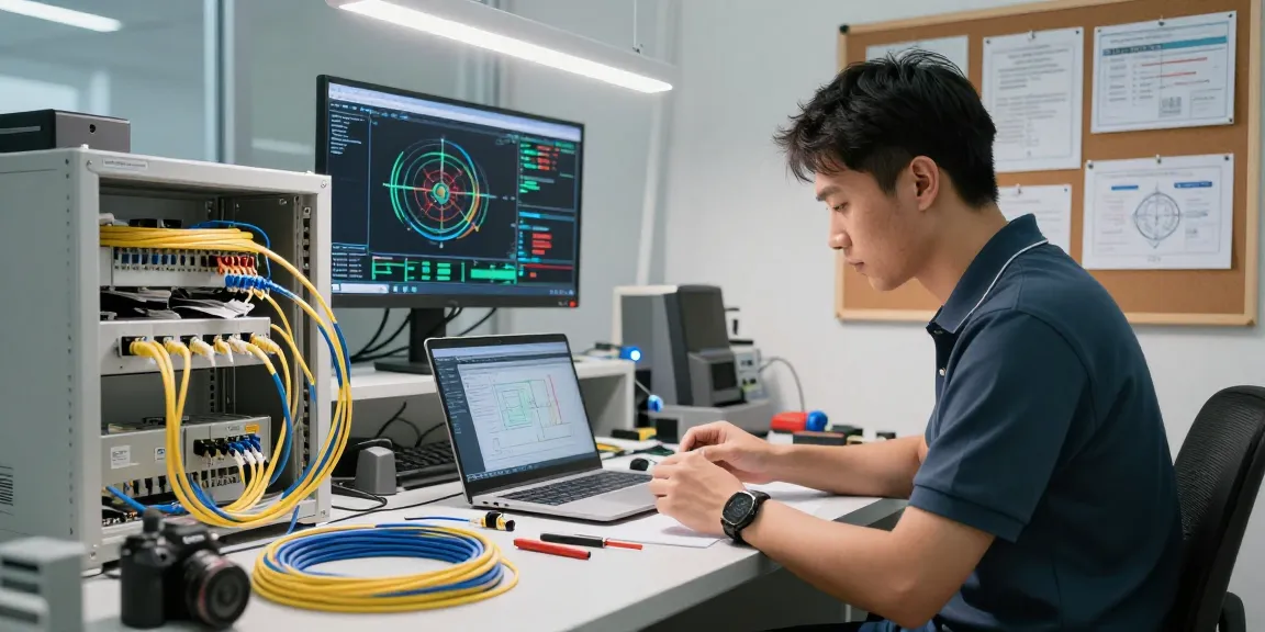 Technician assessing fiber optic connectors in a professional telecommunications workspace, surrounded by advanced tools and technology.
